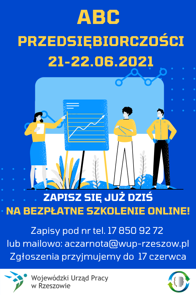 Plakat informujący o zajęciach pt. ABC przedsiębiorczości organizowanych przez Centrum Informacji i Planowania Kariery Zawodowej Wojewódzkiego Urzędu Pracy w Rzeszowie