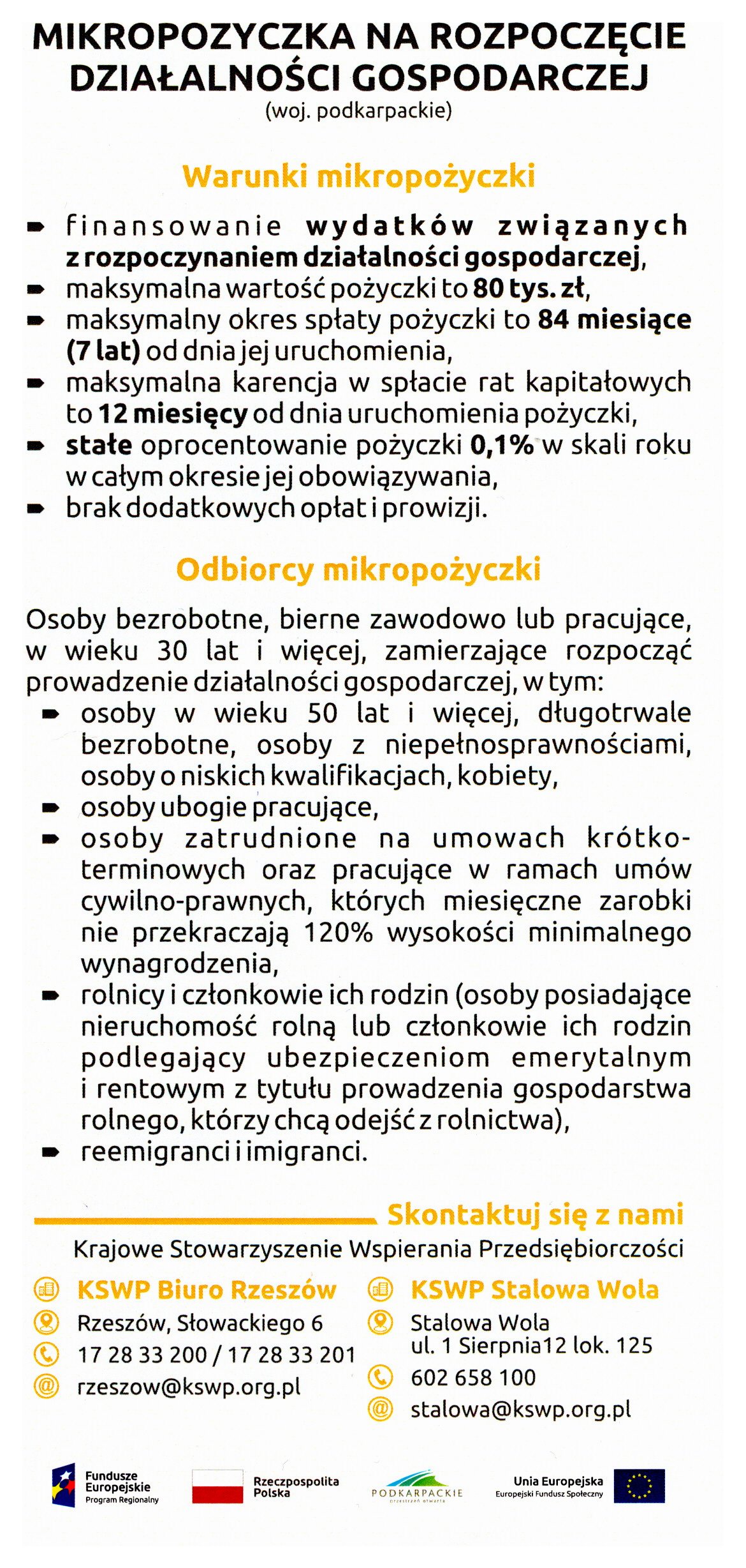 ulotka promująca projekt Bądź niezależny finansowo Mikropożyczka na rozpoczęcie działalności gospodarczej