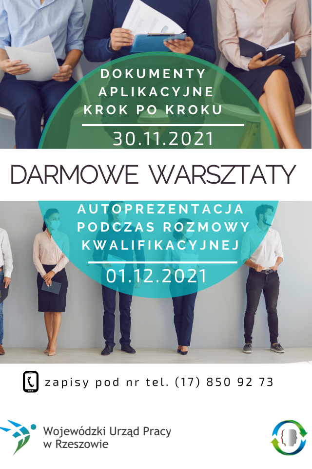 Plakat informujący o darmowych warsztatach z autoprezentacji oraz dokumentów aplikacyjnych