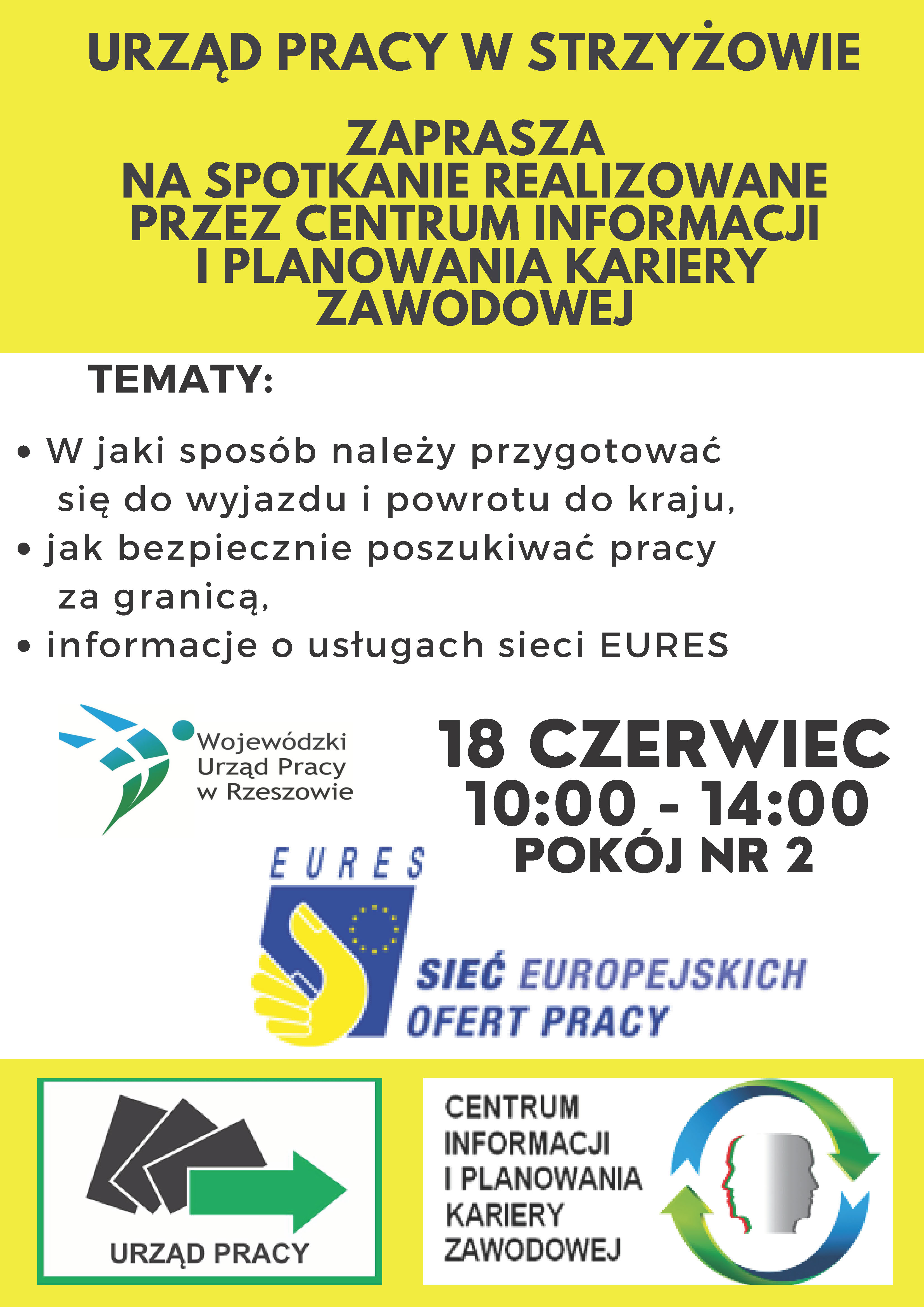Plakat informujący o zaproszeniu osób bezrobotnych na spotkanie w ramach sieci Eures
