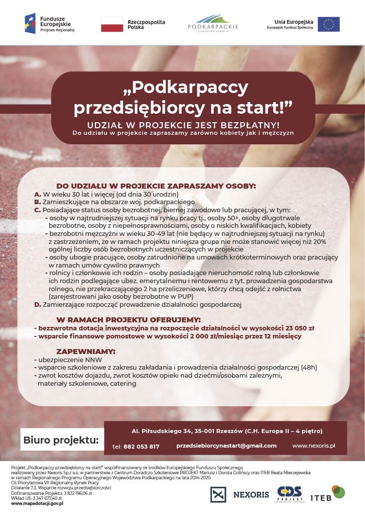 Plakat informujący o projekcie Podkarpaccy przedsiębiorcy na start