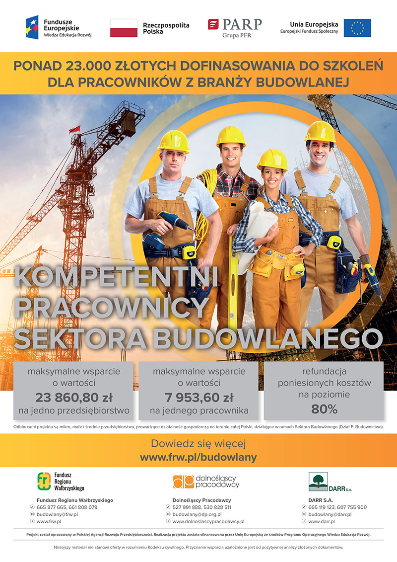 Plakat informujący o dofinansowaniu do szkoleń dla pracowników w branży budowlanej