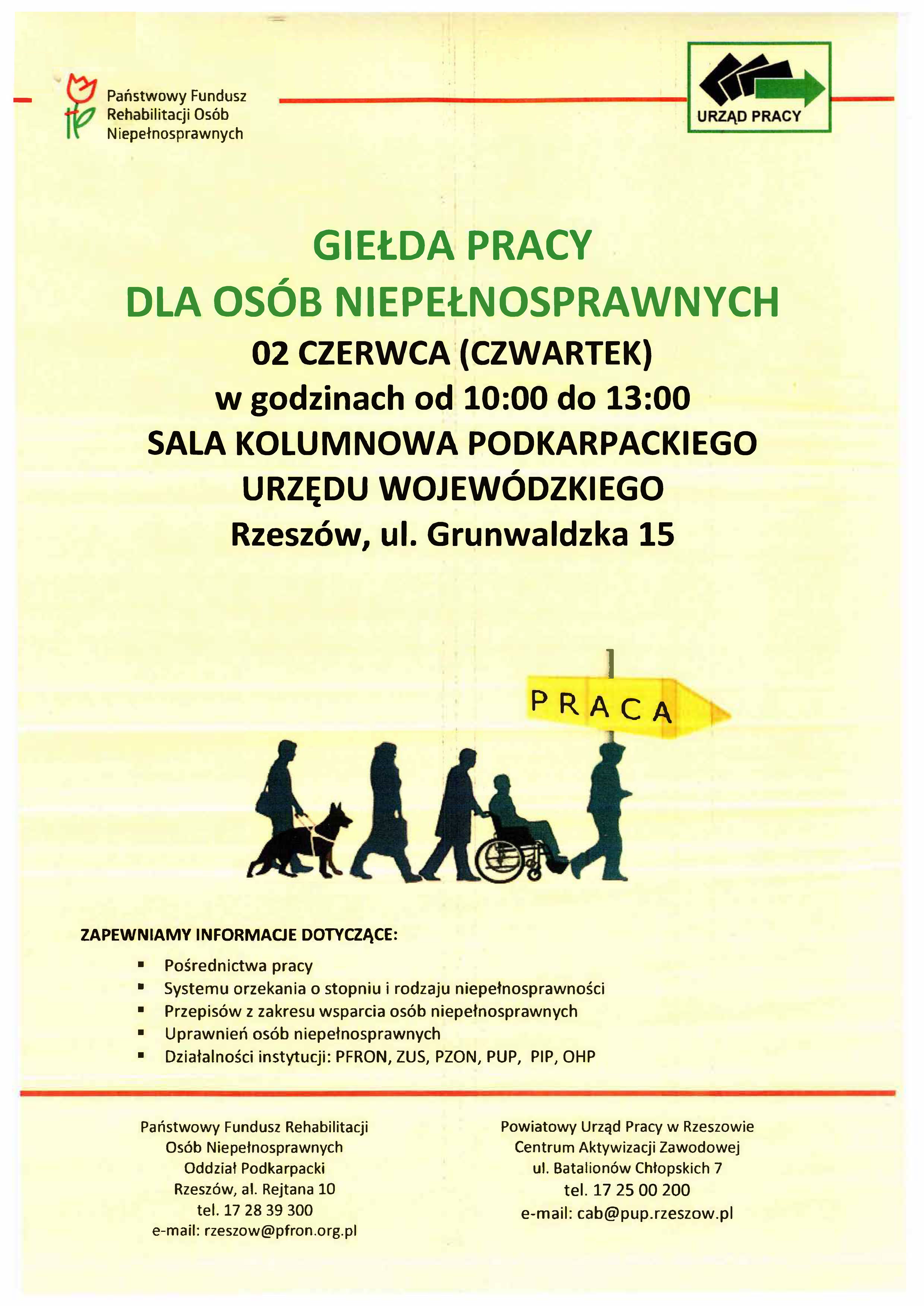plakat informujący o giełdzie pracy dla osób niepełnosprawnych w dniu 2 czerwca 2022 roku od godziny 10 do 13 w sali kolumnowej podkarpackiego urzędu wojewódzkiego w Rzeszowie