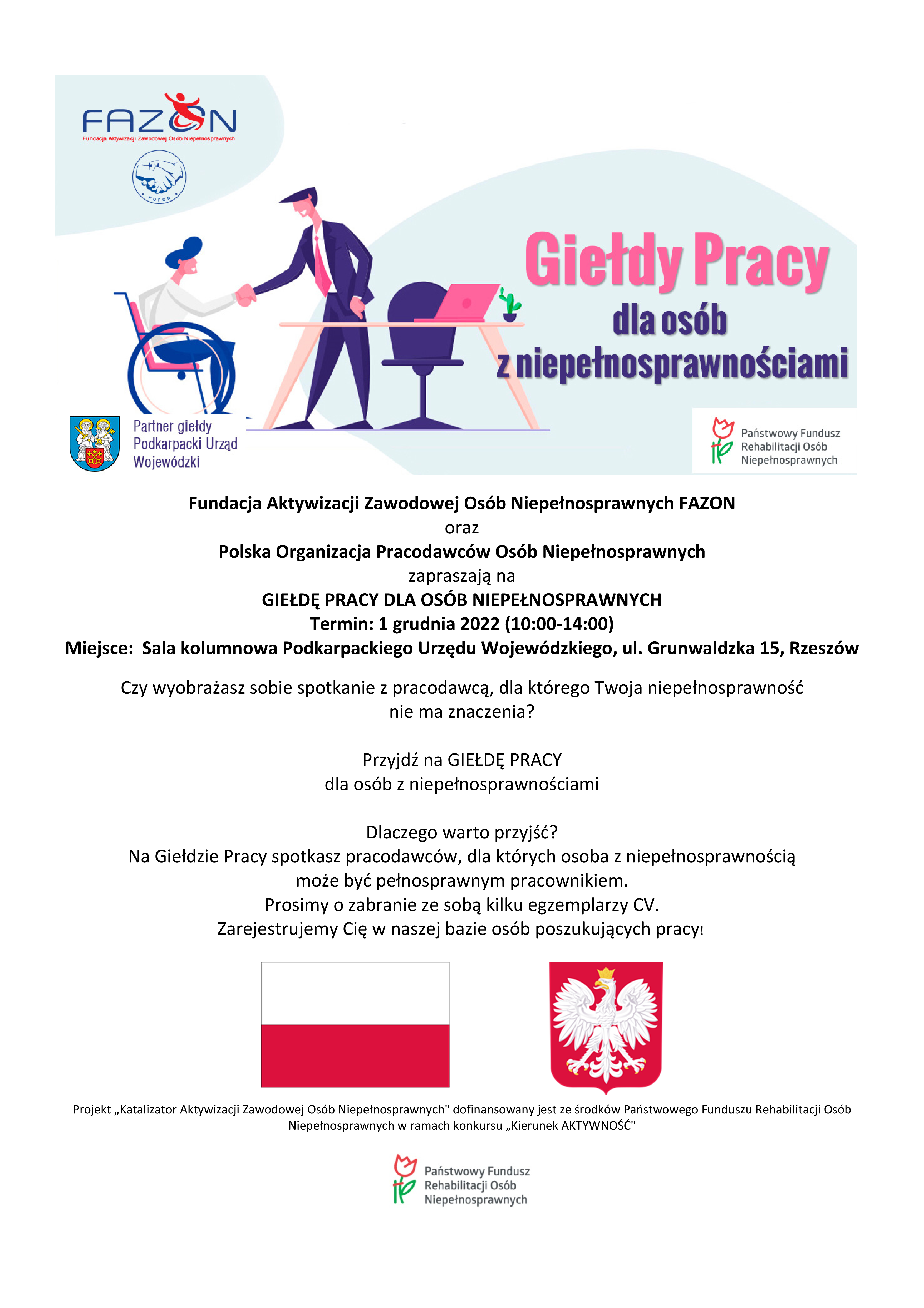 plakat informujący o giełdzie pracy dla osób z niepełnosprawnościami