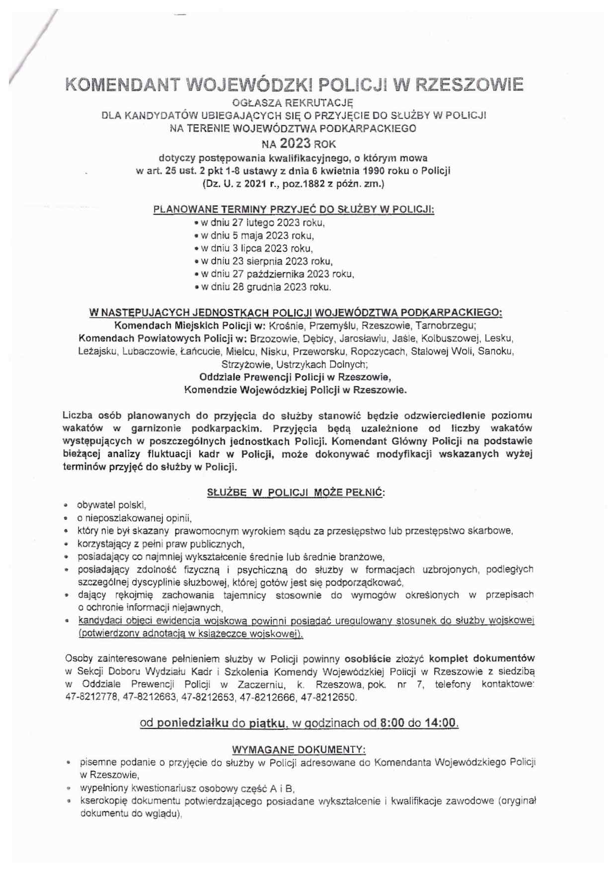 ogłoszenie informujące o naborze do służby w Policji na terenie województwa podkarpackiego, strona 1