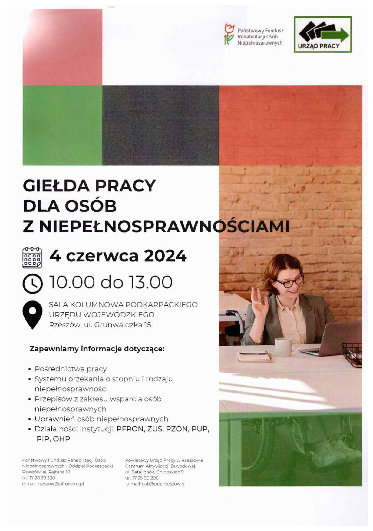 Plakat informujący o wydarzeniu: Giełda Pracy dla osób z niepełnosprawnościami w terminie 4 czerwca 2024 od godz. 10:00 do godz. 13:00 w Sali kolumnowej Podkarpackiego Urzędu Wojewódzkiego w Rzeszowie przy ulicy Grunwaldzkiej 15