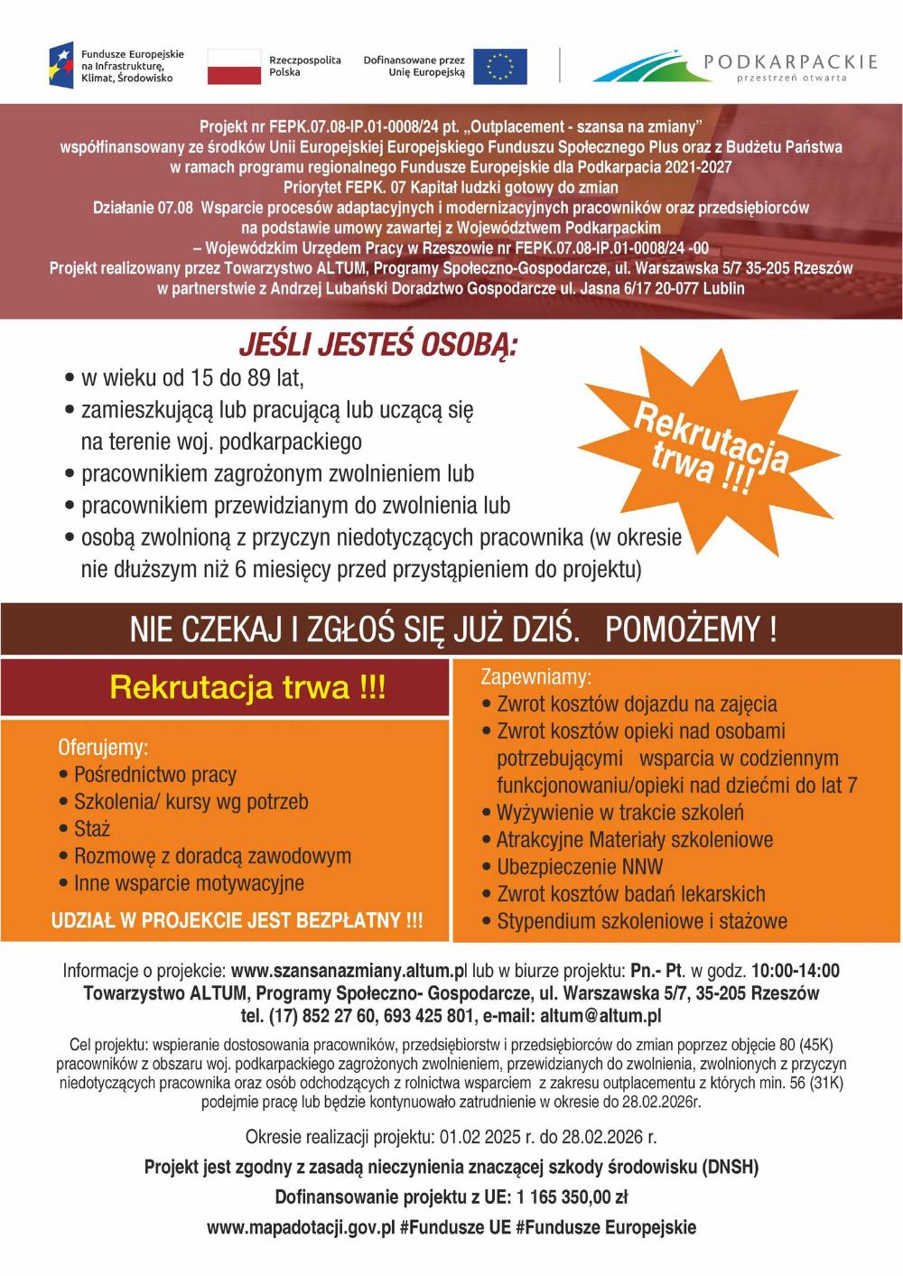 Informacje o Projekcie realizowanym przez Towarzystwo Altum dla osób zwolnionych z przyczyn niedotyczących pracownika