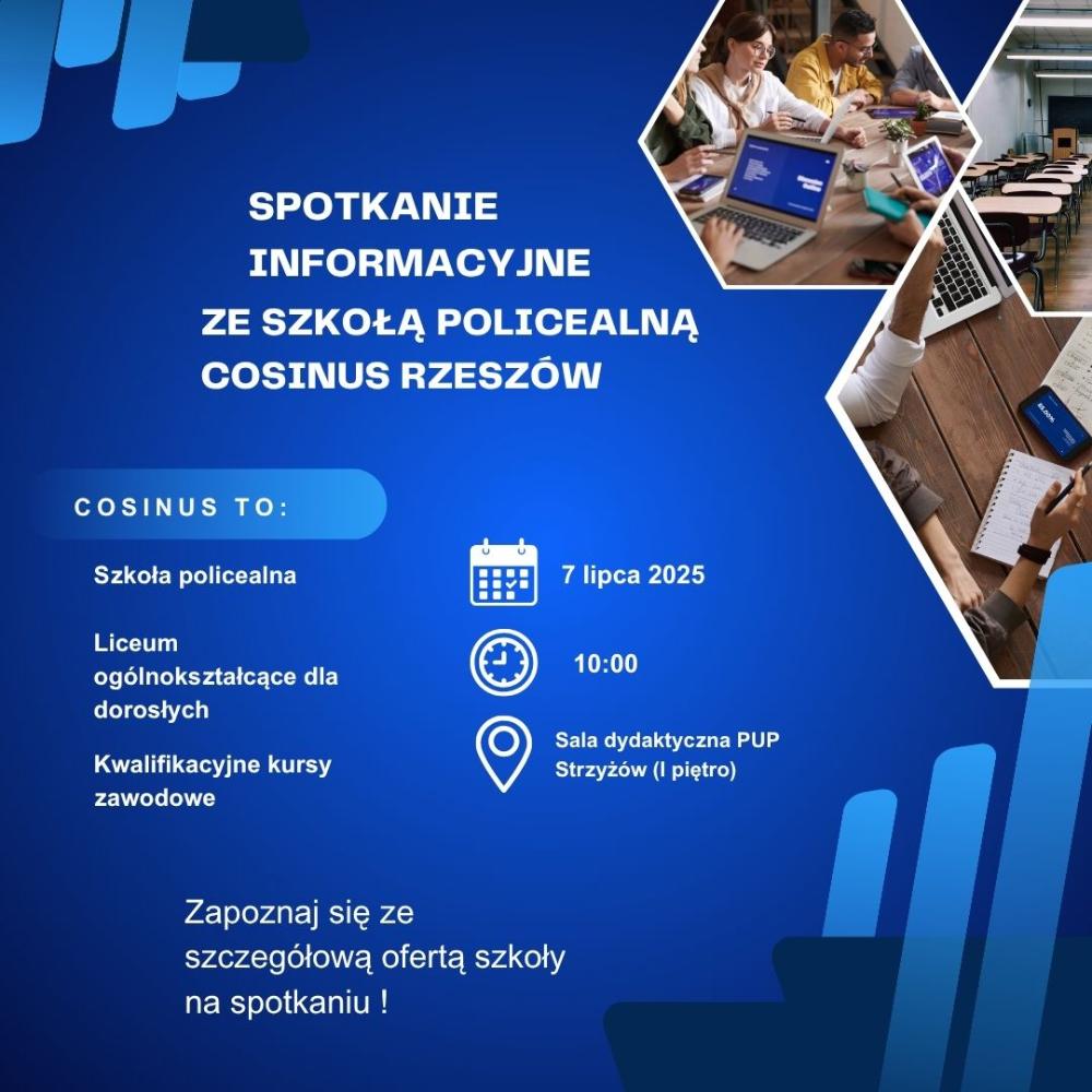 Plakat informujący o spotkaniu informacyjnym z przedstawicielami Szkoły COSINUS, które odbędzie się 7 lipca 2025 roku o godzinie 10:00 w Urzędzie Pracy! COSINUS to szkoła oferująca: Liceum dla dorosłych – dla tych, którzy chcą uzupełnić wykształcenie Kierunki policealne – idealne na zdobycie nowego zawodu Kursy zawodowe – szybki sposób na rozwój i poszerzenie kwalifikacji